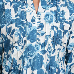 Be You Floral Print Mandarin Collar Roll-Up Sleeves Accordion Pleats A-Line Top
