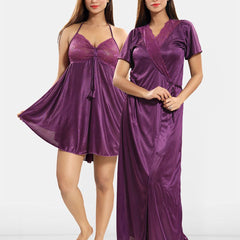 Be You Lace Design Halter Neck Nightdress With Robe