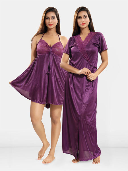 Be You Lace Design Halter Neck Nightdress With Robe