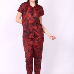 Be You Women Red Satin Shirt Collar Short Sleeves Causal Night Suit