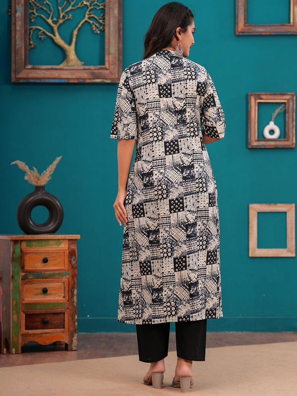 Be You Abstract Printed Mandarin Collar A-Line Kurta With Trousers