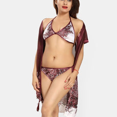 Be You Set Of 3 Women Satin Floral Printed Above Knee Wrap Nightdress with Lingerie Set