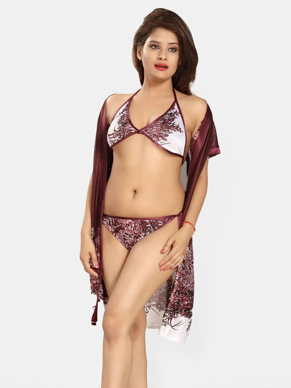 Be You Set Of 3 Women Satin Floral Printed Above Knee Wrap Nightdress with Lingerie Set