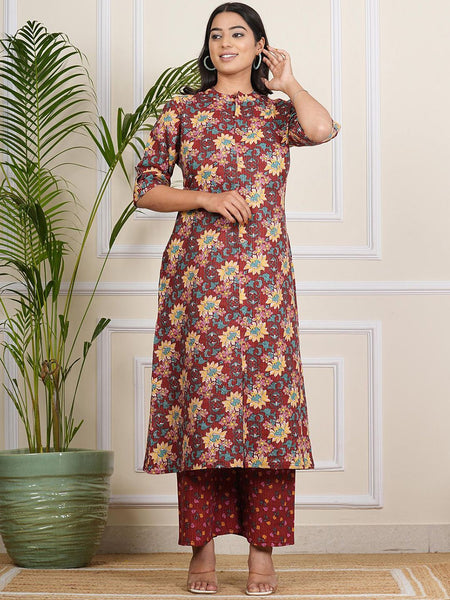 Be You Floral Printed Band Collar A-line Kurta With Palazzos