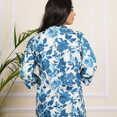 Be You Floral Print Mandarin Collar Roll-Up Sleeves Accordion Pleats A-Line Top