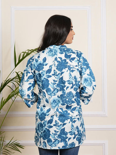 Be You Floral Print Mandarin Collar Roll-Up Sleeves Accordion Pleats A-Line Top