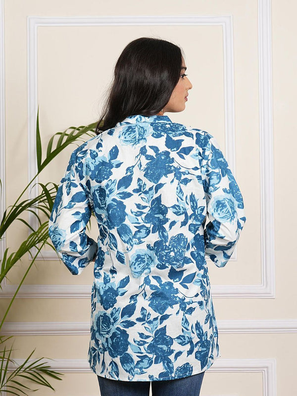 Be You Floral Print Mandarin Collar Roll-Up Sleeves Accordion Pleats A-Line Top