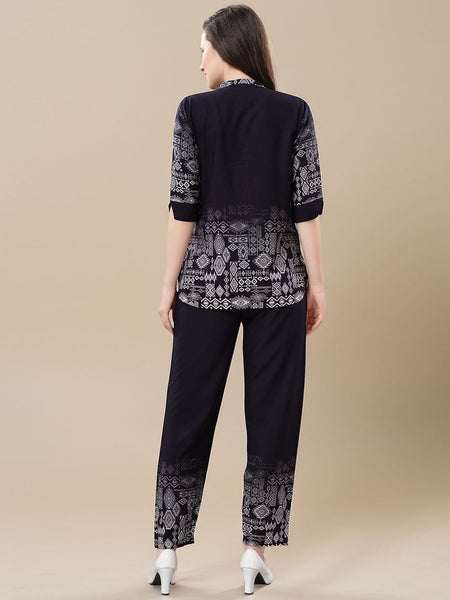 Be You Printed Mandarin Collar Tunic With Trousers