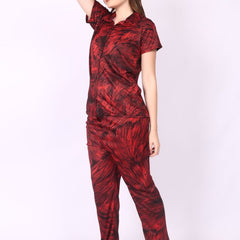 Be You Women Red Satin Shirt Collar Short Sleeves Causal Night Suit