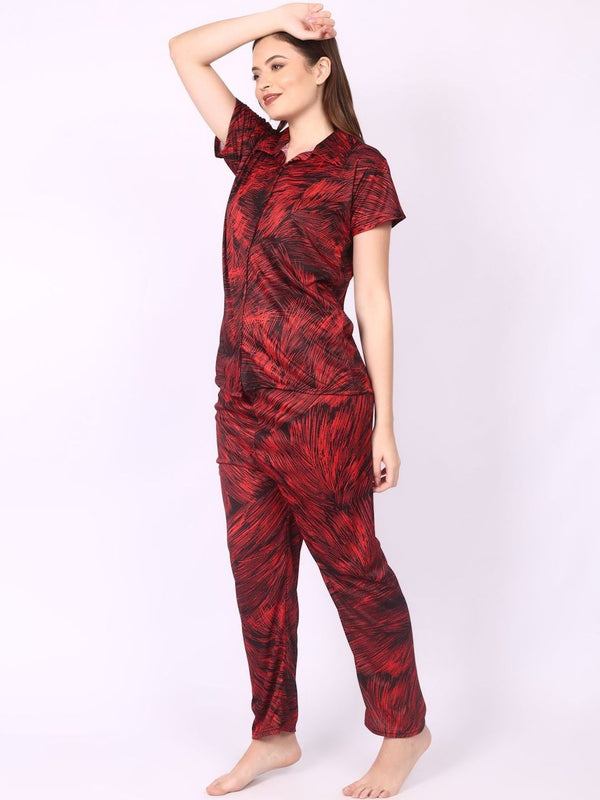 Be You Women Red Satin Shirt Collar Short Sleeves Causal Night Suit