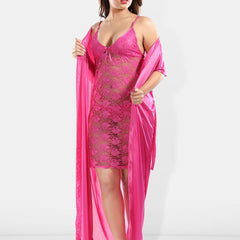 Be You Shoulder Straps Laced Nightdress With Satin Robe And Briefs