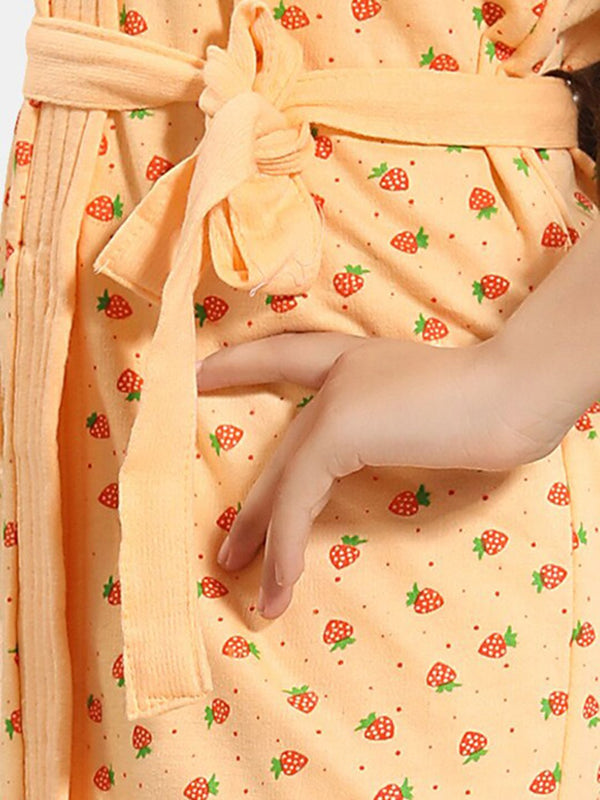 Be You Strawberry Print Peach Conversational Cotton Drawstring Knee Length Bath Robe