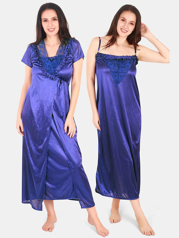 Be You Floral Lace Shoulder Straps Satin Maxi Nightdress With Robe