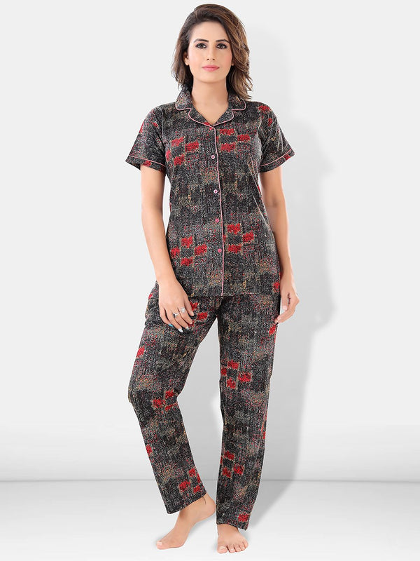 Be You Women Black & Red Printed Pajama & Shorts with Shirt Night Suits