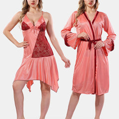 Be You Solid Lace Details Satin Nighty with Robe