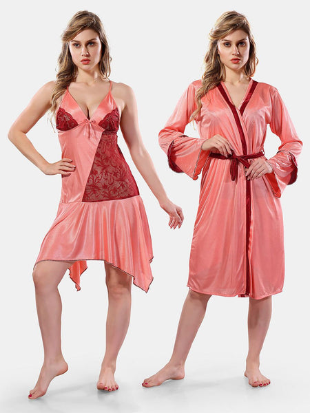 Be You Solid Lace Details Satin Nighty with Robe