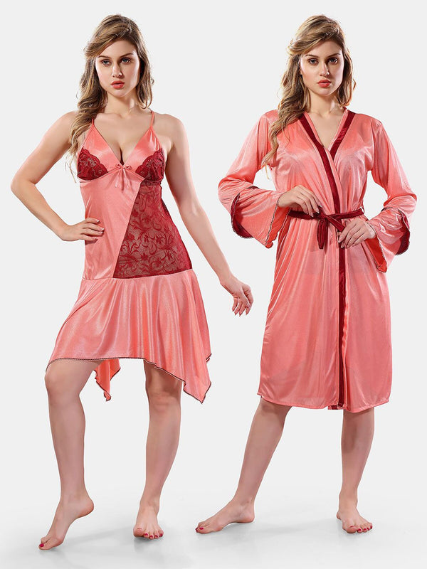 Be You Solid Lace Details Satin Nighty with Robe