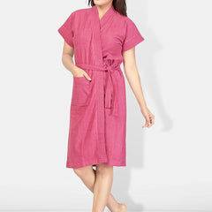 Be You Rose Solid Cotton Drawstring Knee Length Bath Robe-L/XL