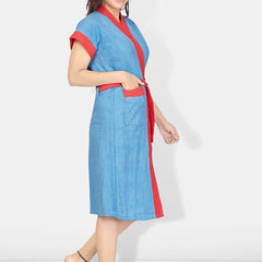 Be You Blue Solid Cotton Drawstring Knee Length Bath Robe