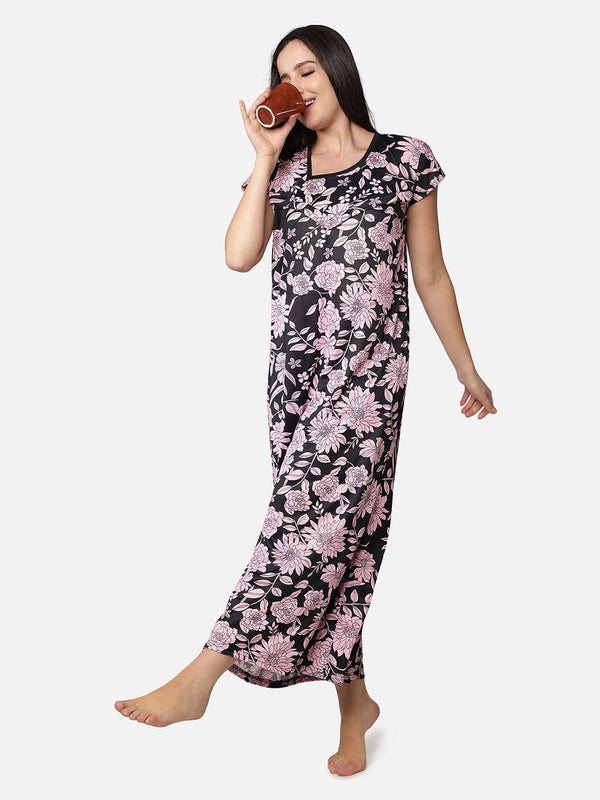 Be You Women Pink Printed Maxi Nightdress