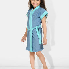 Be You Two-Tone Blue Solid Cotton Drawstring Knee Length Bath Robe