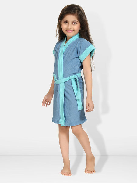 Be You Two-Tone Blue Solid Cotton Drawstring Knee Length Bath Robe