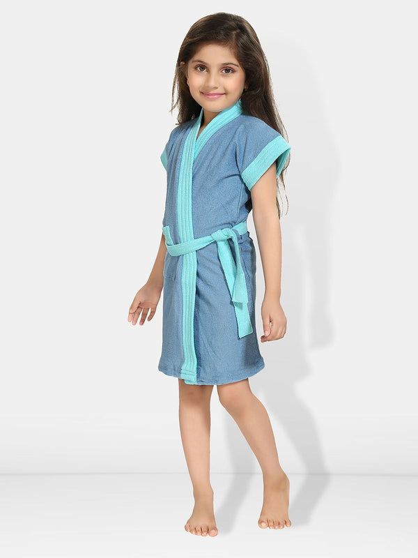 Be You Two-Tone Blue Solid Cotton Drawstring Knee Length Bath Robe