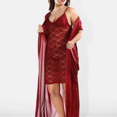 Be You Shoulder Straps Laced Nightdress With Satin Robe And Briefs