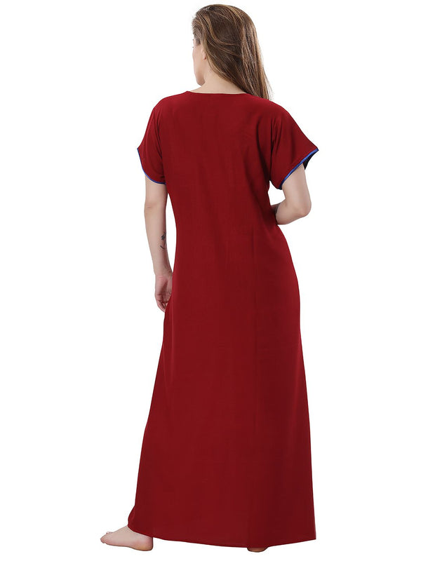 Be You Maroon Embroidered Maxi Nightdress