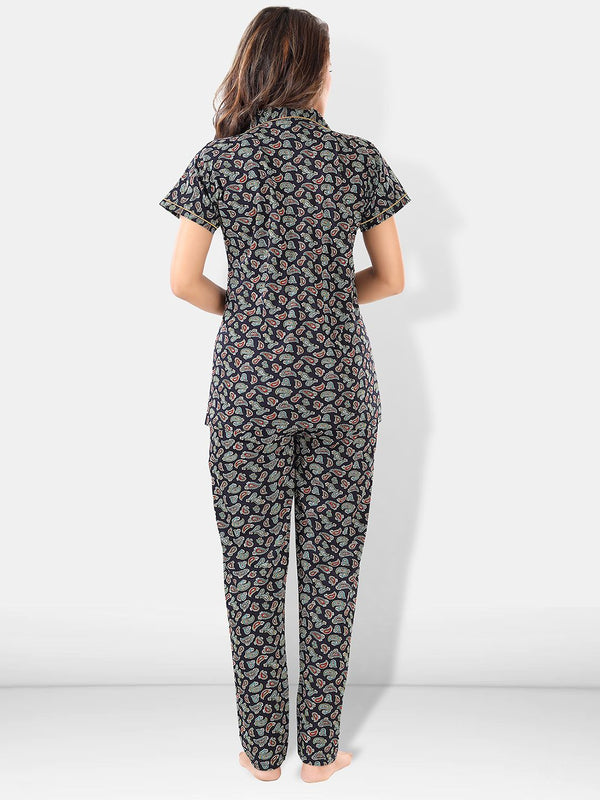Be You Women Black & Blue Printed Pajama & Shorts with Shirt Night Suits