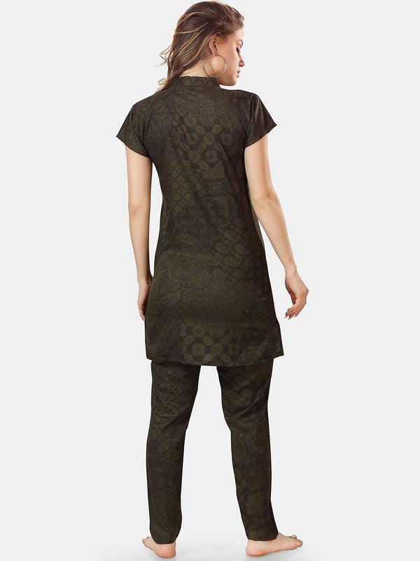 Be You Ethnic Motifs Printed Mandarin Collar Longline Night Suit