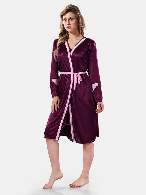 Be You Solid Lace Details Satin Nighty with Robe