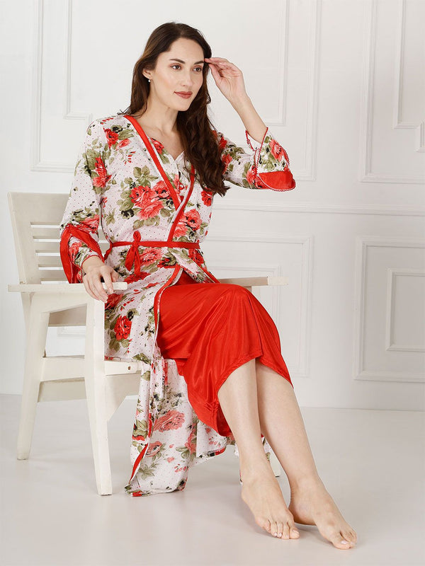 Be You Floral Printed Shoulder Straps Satin Maxi Nightdress With Robe