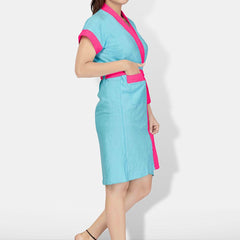 Be You Two-Tone Blue Solid Cotton Drawstring Knee Length Bath Robe