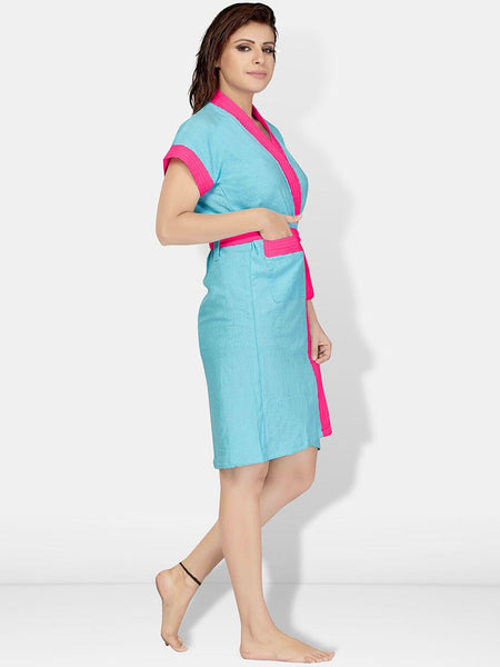 Be You Two-Tone Blue Solid Cotton Drawstring Knee Length Bath Robe