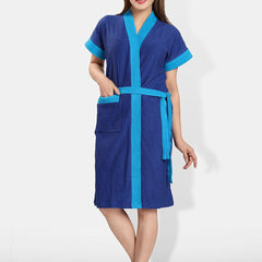 Be You Blue Solid Cotton Drawstring Knee Length Bath Robe