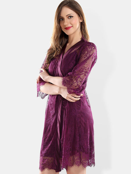 Be You Self Design Satin Shoulder Straps Nightdress With Robe
