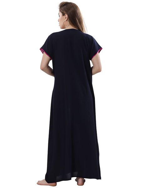 Be You Navy Blue Embroidered Maxi Nightdress