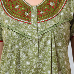 Be You Olive Green Embroidered Maxi Nightdress