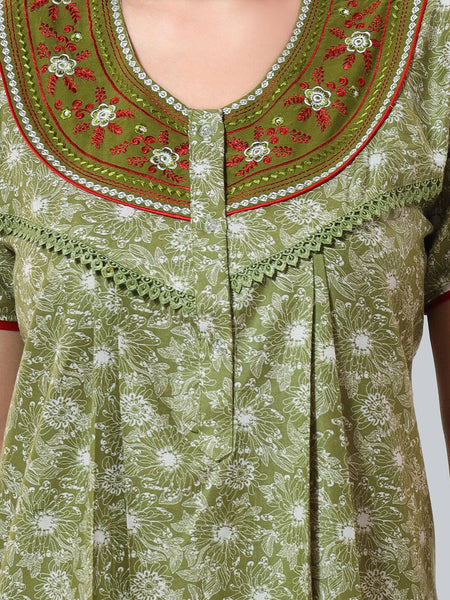 Be You Olive Green Embroidered Maxi Nightdress