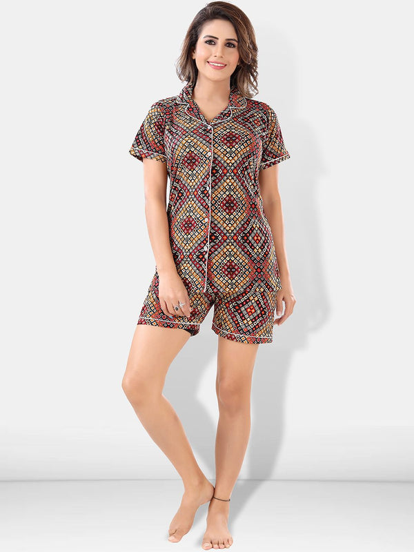 Be You Women Brown & Red Printed Pajama & Shorts with Shirt Night Suits