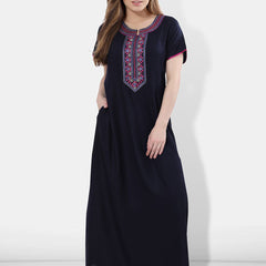 Be You Navy Blue Embroidered Maxi Nightdress