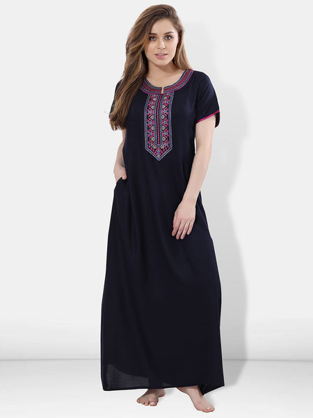 Be You Navy Blue Embroidered Maxi Nightdress