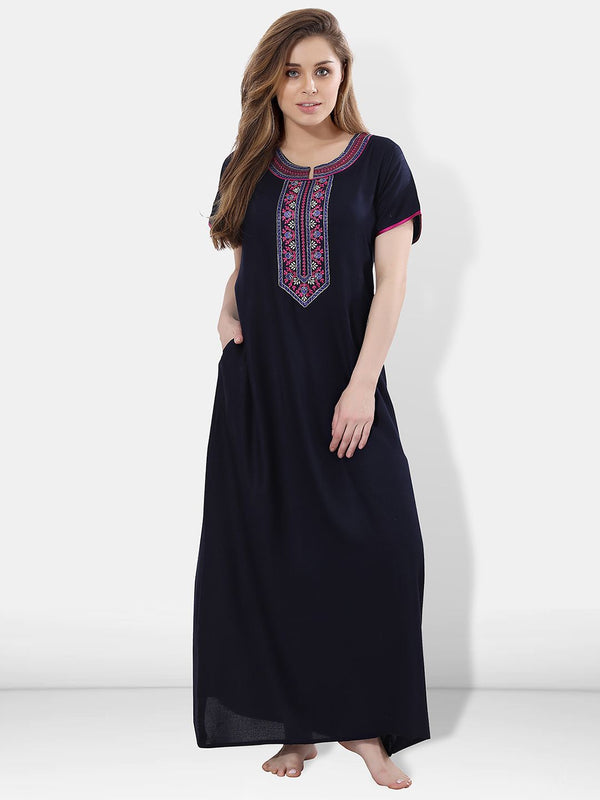 Be You Navy Blue Embroidered Maxi Nightdress