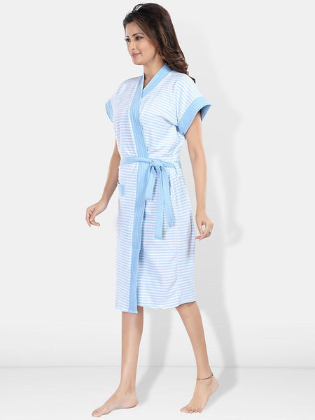 Be You Blue Solid Cotton Drawstring Knee Length Bath Robe-2XL