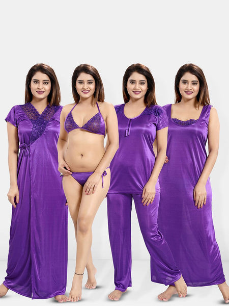 Be You 6 Piece Satin Maxi Nightdress With Robe, Lingerie Set, NightSuit