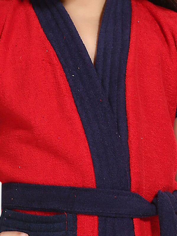 Be You Two Tone Red Solid Cotton Drawstring Knee Length Bath Robe