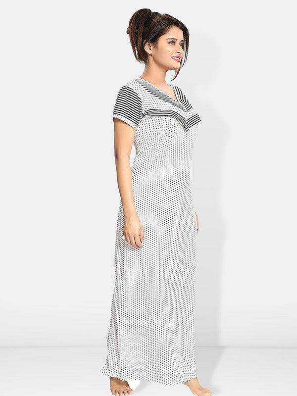 Be You Polka Dots Printed V-Neck Satin Maternity Maxi Nightdress