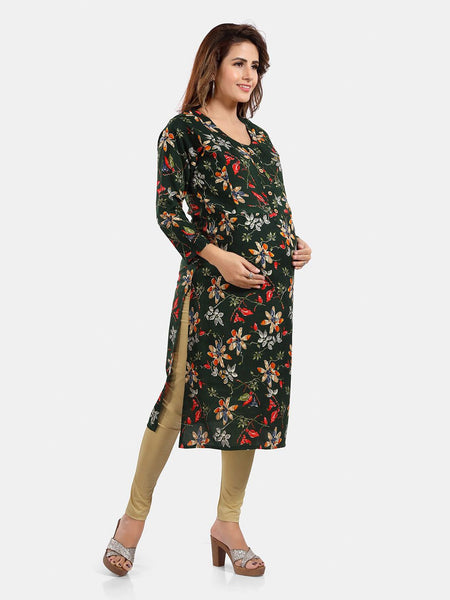 Be You Floral Printed Round Neck Maternity Straight Kurta