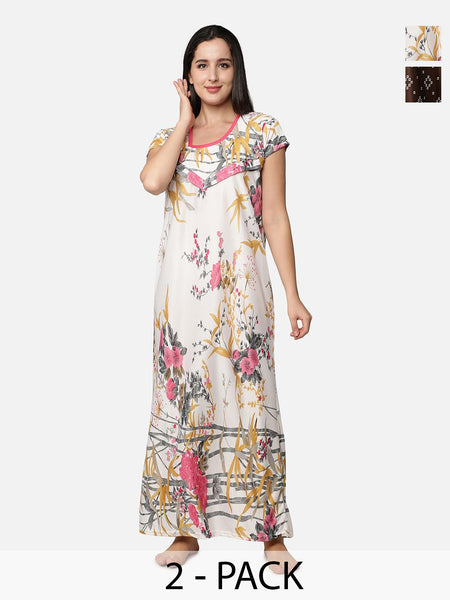 Be You Pack Of 2 Women Floral Printed Maxi Nightdress